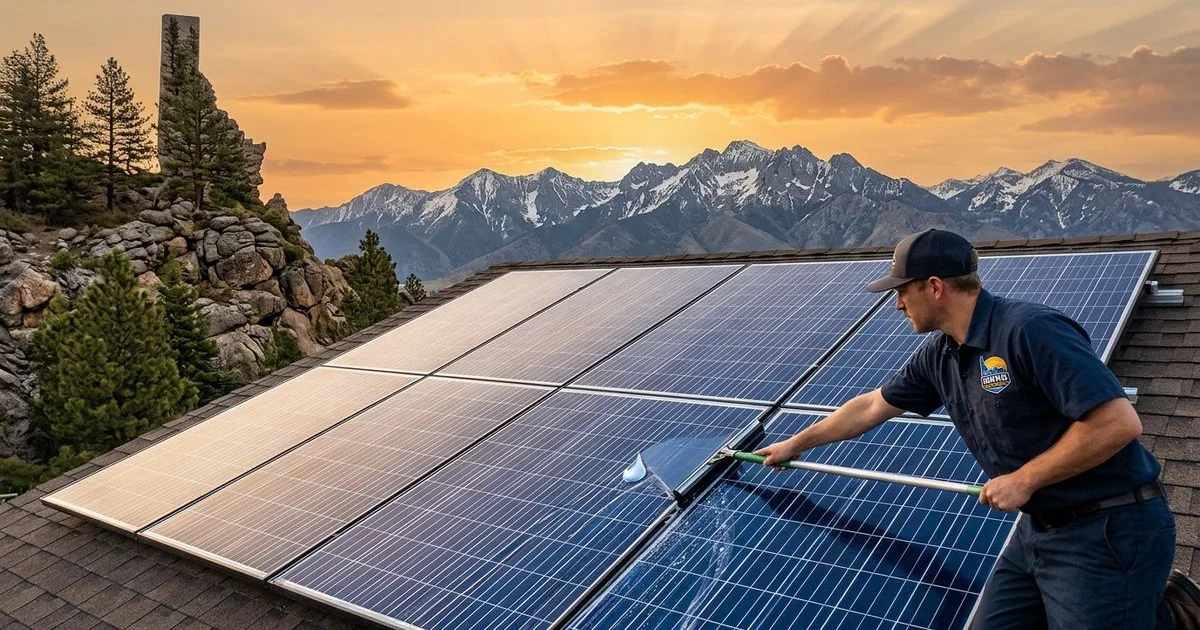 Professional solar panel cleaning technician on a residential rooftop with Idaho mountain sunset